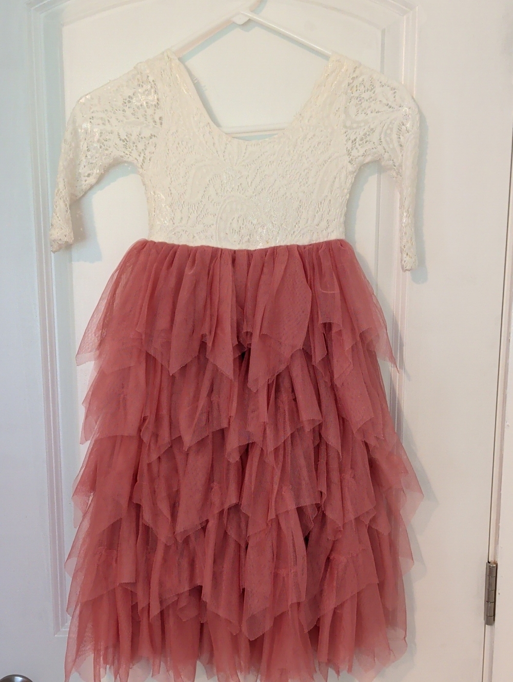 Girls Lace Top Tulle Layered Dress in Ivory and Dusty Rose